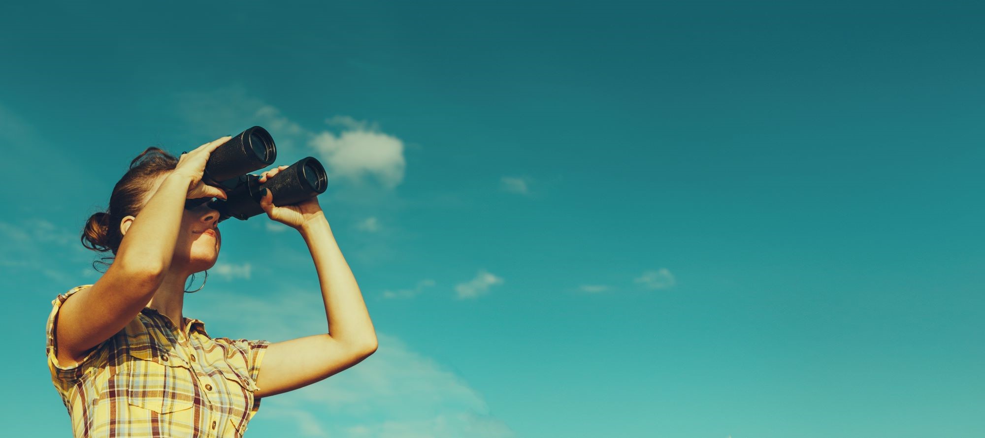 Person with binoculars looking out.  There is a blue green sky above them with a few white clouds.