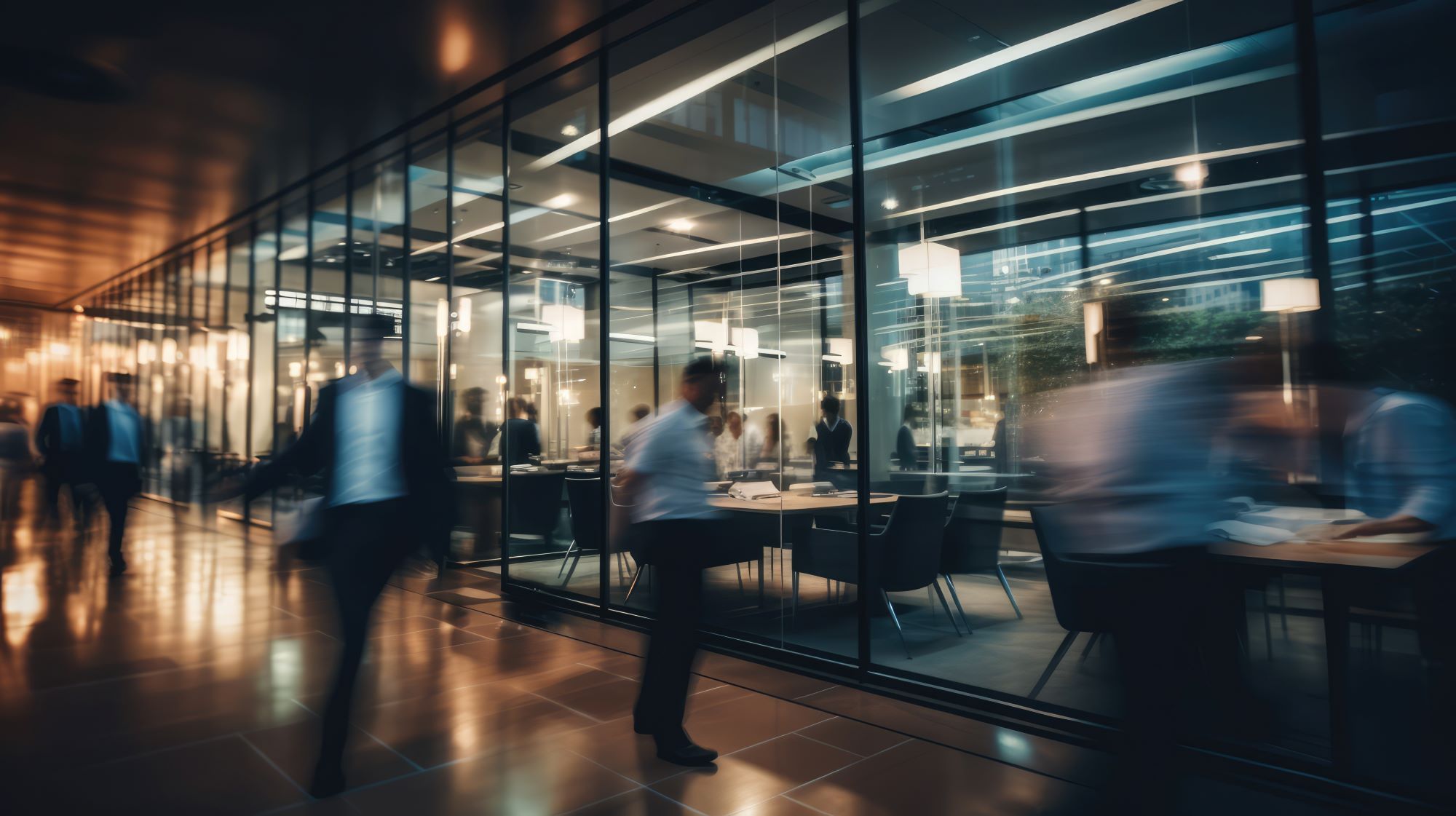 Blurred image of people walking down a corridor, there are office spaces to the right with glass partitions.